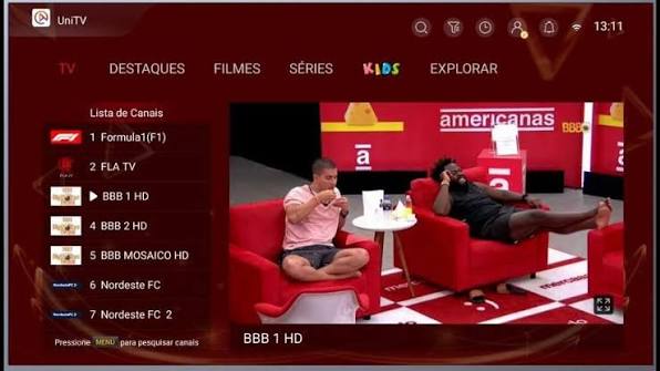 Tela do aplicativo UniTV com lista de canais