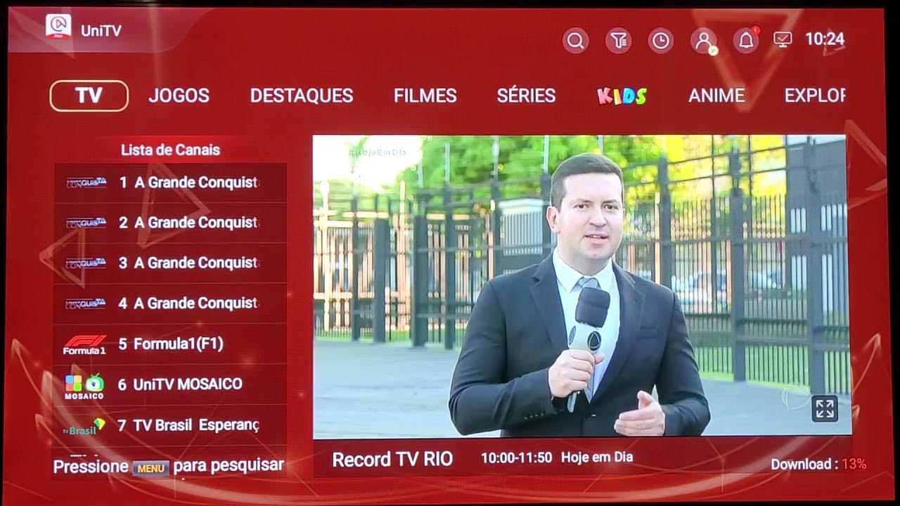 Interface do UniTV exibindo canais ao vivo